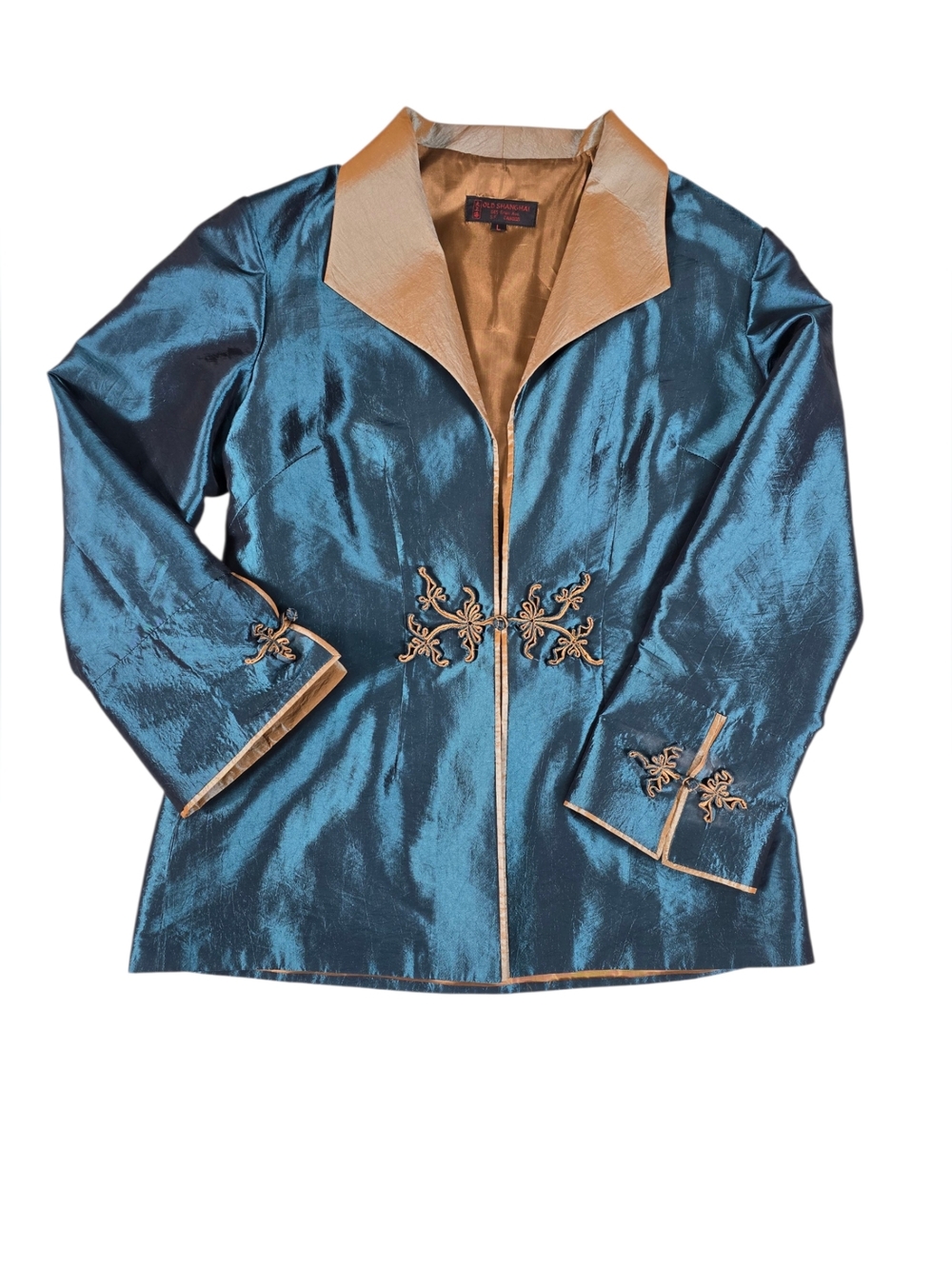 Vintage Silk Teal Jacket Knot Closure Embroidered Asian Statement Jacket Large